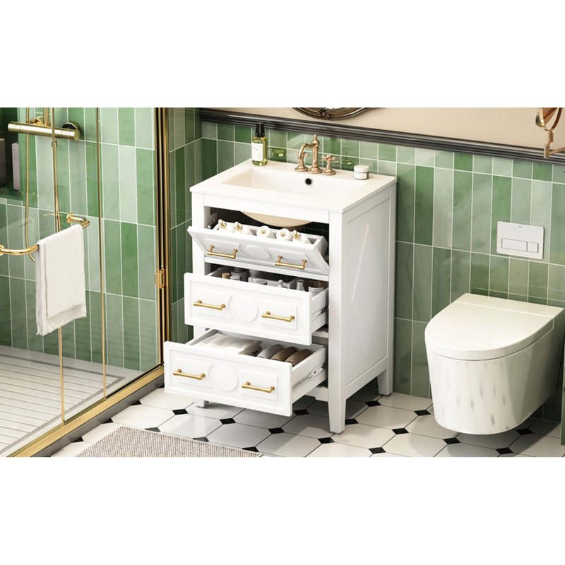 Meuble-lavabo blanc 24 po avec lavabo en céramique 24 po, 3 tiroirs, conception élégante de style rétro, armoire facile à assembler, détails, trois trous pré-percés