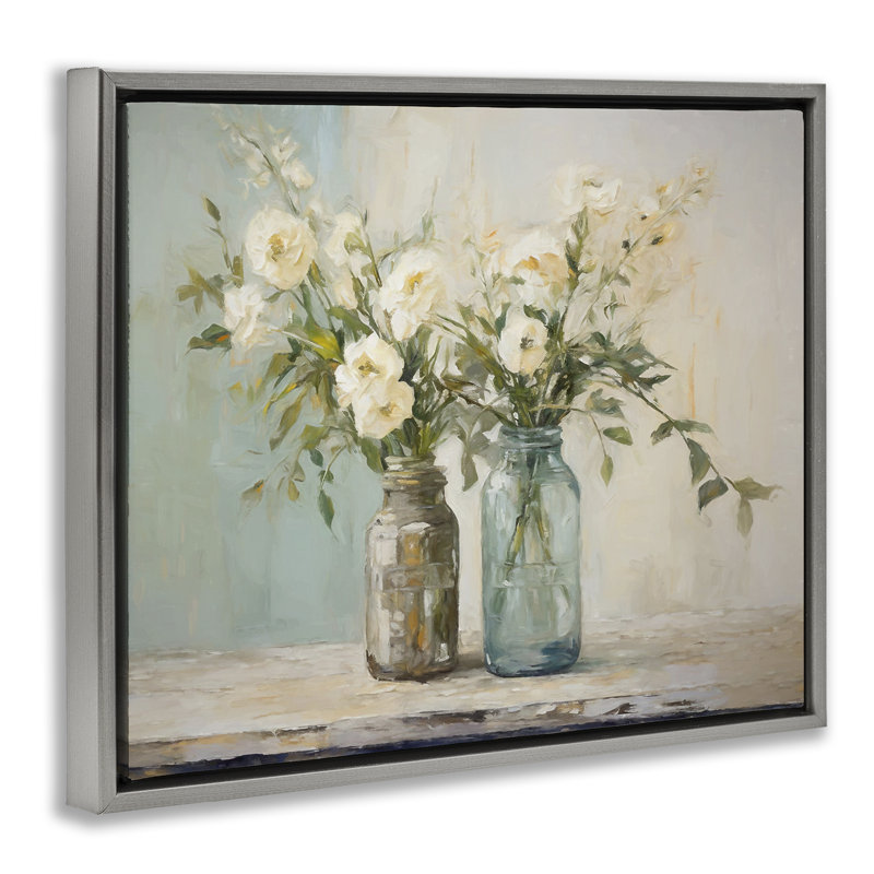 «Mason Jar Bouquet» par Ramona Murdock, H 17 po x l 21 po, Cadre flottant gris lustré