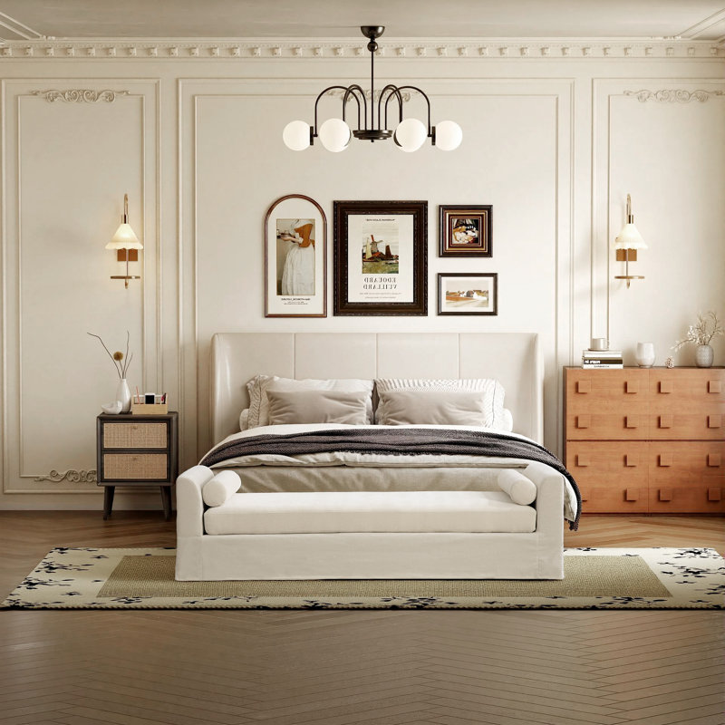 88.5" W Upholstered Modern Bench With Bolster Pillows, Beige
