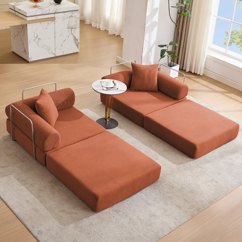 Canapé-lit modulaire pour petits espaces, conception convertible avec accoudoirs amovibles et aucun assemblage requis, tissu en velours côtelé orange
