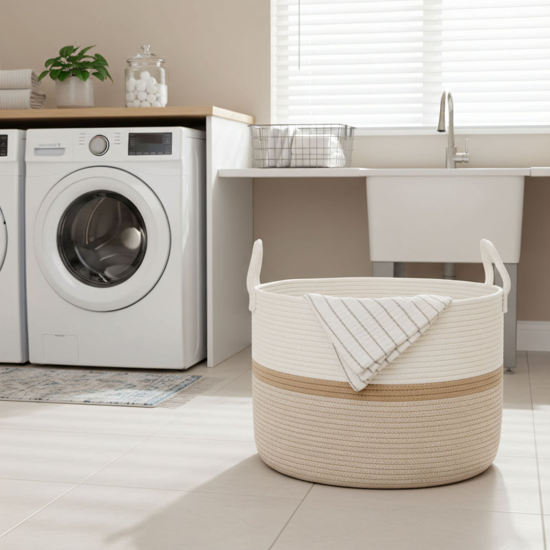 Soft, Round, Large Woven Storage Basket With Handle For Portability. Suitable For Storing Baby Toys, Blankets, Cushions, And Pillows In A Nursery. Also Suitable For Home Use.