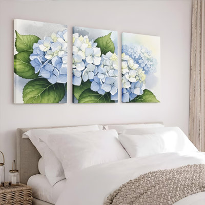 Bleu et blanc, hortensia, art mural sur toile, reproduction de peinture à l'huile (ensemble de 3)