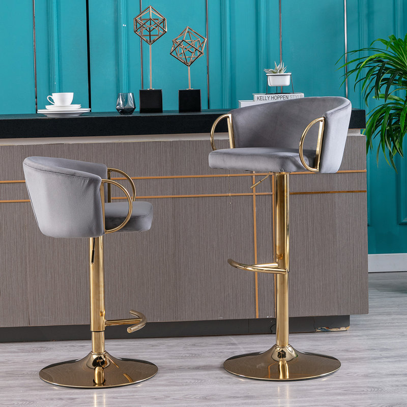 Tabourets de bar, avec repose-pieds chromé et base pivotante à hauteur réglable en velours mécanique + tabouret de bar Golden Leg