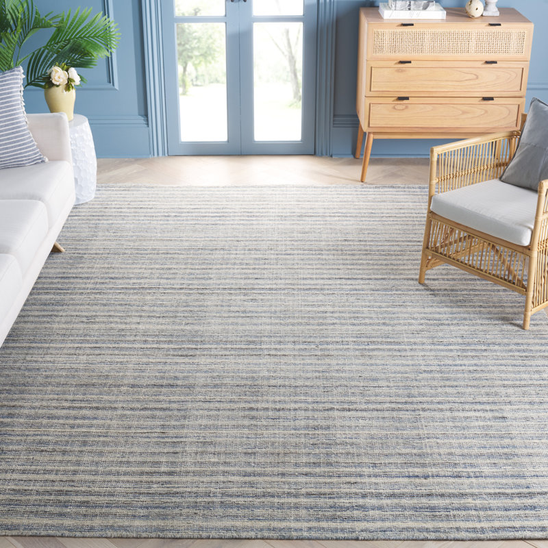 Brileigh Hand Loomed Wool/Viscose/Cotton Striped Rug in Ivory/Blue, Rectangle 8' x 10'