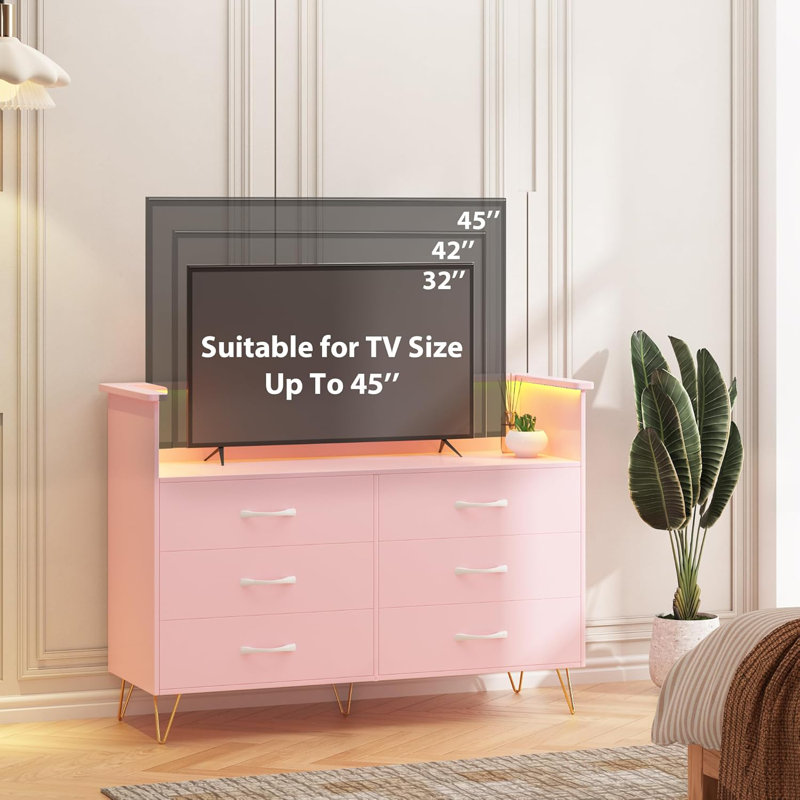 Dresser with LED Light for Bedroom 6 Drawer, Wooden Dressers with Charging Station, Pink