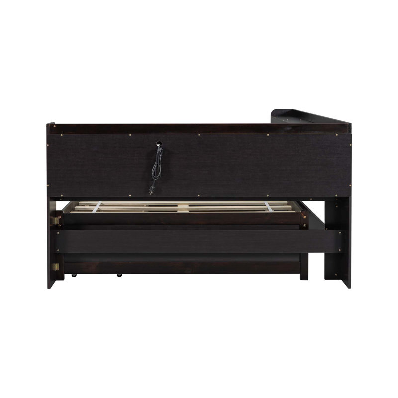 Lit en forme de L avec bibliothèques avec prises de courant, ports de chargement USB, deux tiroirs, Lit double, Espresso