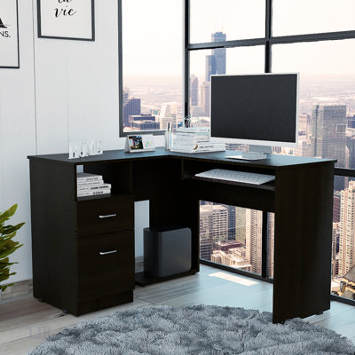 Élégant bureau en forme de L avec plateau à clavier rétractable, deux tiroirs et tablette ouverte pour les espaces de travail modernes