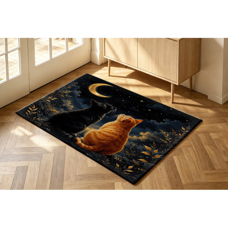Tapis d'intérieur à motif de chats, lune et étoiles sous le ciel nocturne, motif animalier artistique, lavable en machine et antidérapant, décoration élégante pour salon, chambre, entrée, cuisine, balcon, appartement