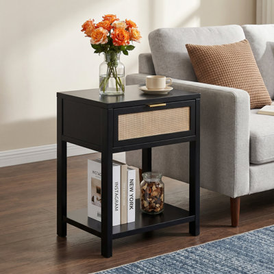20''W Black 1-Drawer Nightstand with Storage Shelf, Modern Rattan End Table for Bedroom, Living Room