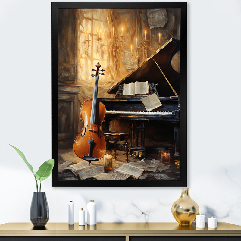 Violon rétro et piano Harmony I - musique grand art mural, Cadre photo noir, H 20 po x l 12 po x P 1 po