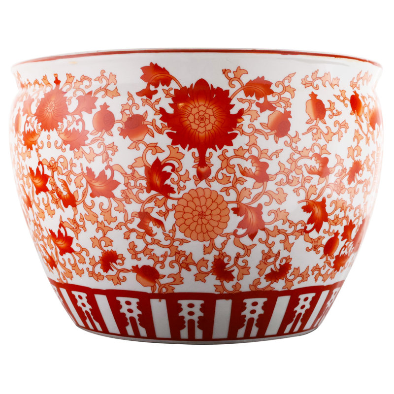 Oriental Fish Bowl Red Coral Pattern, 8" H x 10" W x 10" D
