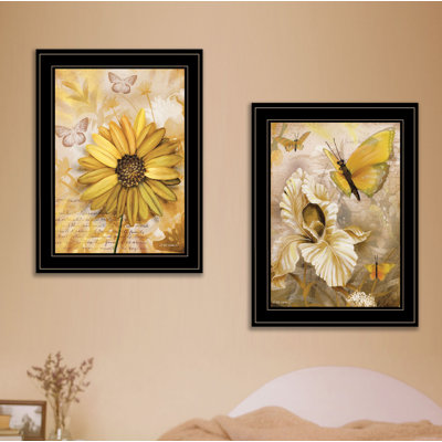 Fleurs et papillons, art mural encadré 2 pièces pour le salon et la maison par Ed Wargo