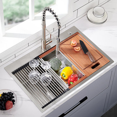33X22 Drop-In Stainless Steel Workstation Sink With Rounded Corners And Integrated Accessories