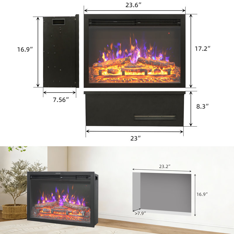 23.6" Recessed Electric Fireplace Heater Insert With Weekly Timer, 5 Adjustable Brightness, Remote Control, 9H Timer, Overheat Protection, 750W/1500W