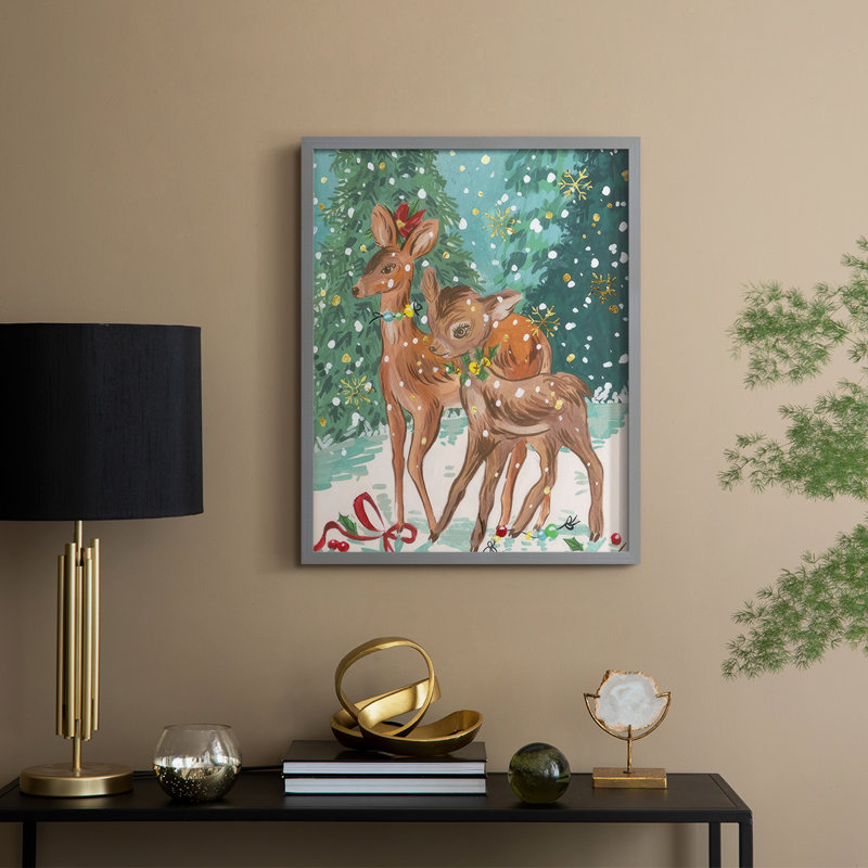 «Doe and Fawn I», reproduction encadrée - bois massif, Gris, H 21 po x l 17 po