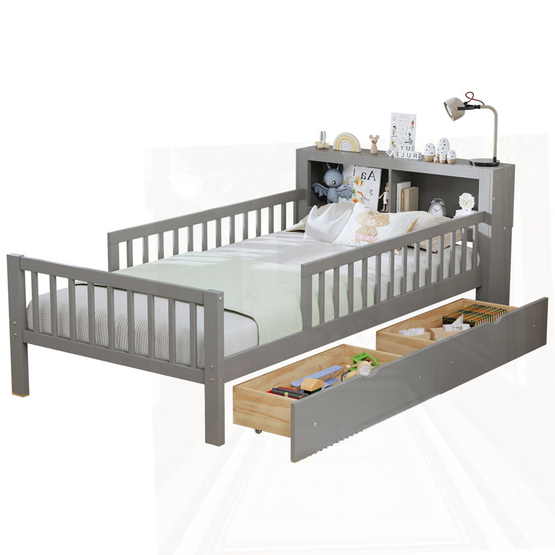 Lit simple avec rangement pour tête de lit, 2 tiroirs sous le lit et 3 garde-corps latéraux pour plus de sécurité, gris, Gris