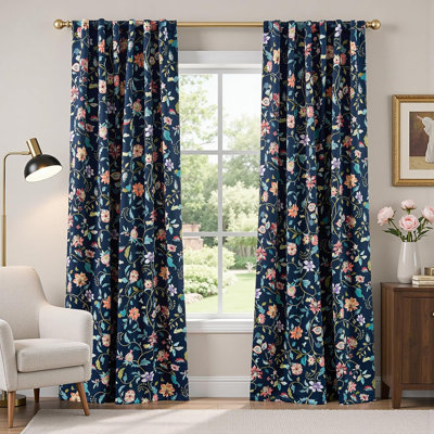 Blackout Premium Fabric Vintage Floral Printed Back Tab Curtain Pair