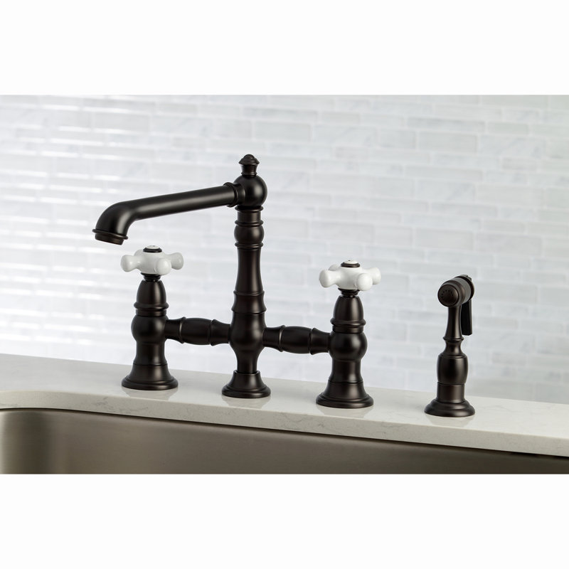 Kingston Brass English Country Two-Handle 4-Hole Deck Mount Bridge Kitchen Faucet with Brass Side Sprayer, Oil Rubbed Bronze