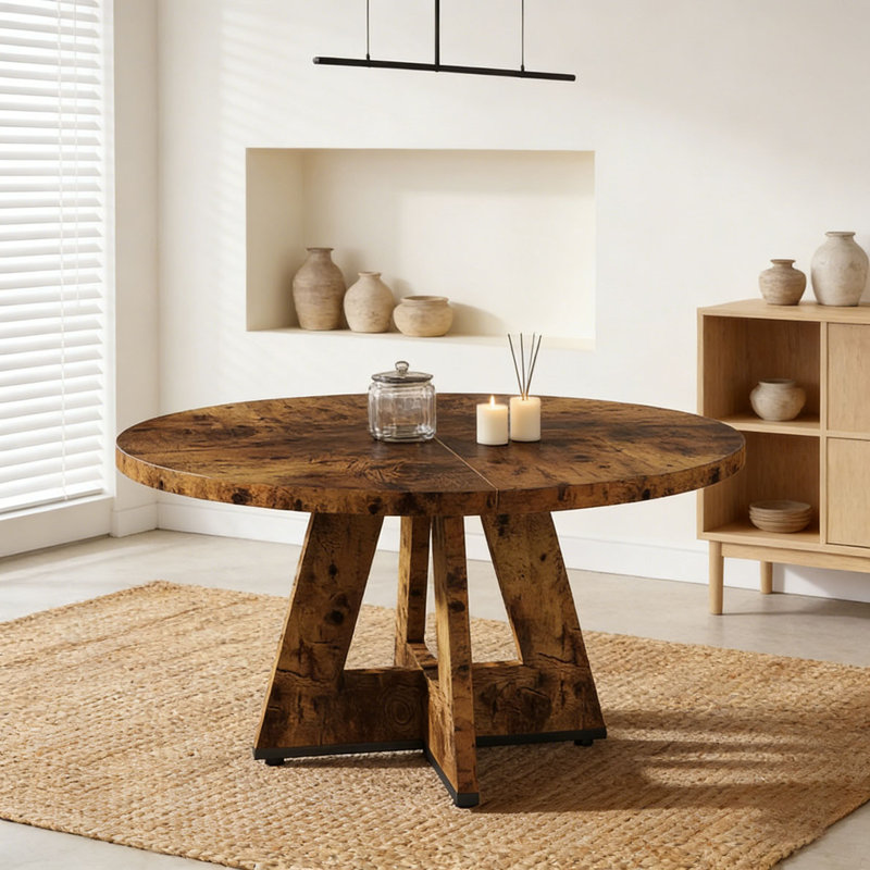 Wooden Round Farmhouse Kitchen Dinner Table for 4, Rustic Brown, Rustic Brown