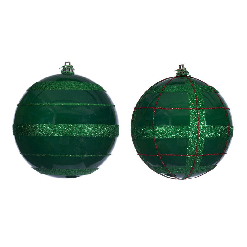 Vickerman Glitter Ornament Assortment. 2 plaid, and 2 horizontal stripes., 4.75" H x 4.75" W x 4.75" D, White
