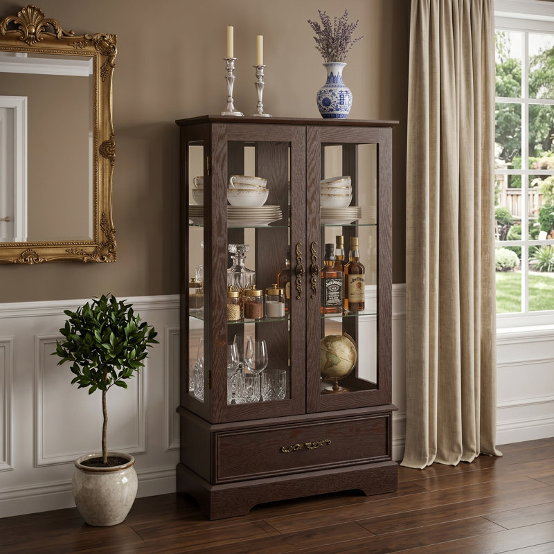 Lighted 2-Door Glass Curio Display Cabinet With Adjustable Shelves, Built-In Drawer, And Included Light Bulb, Cherry