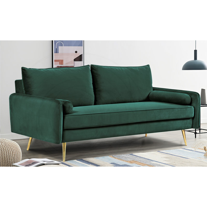 Canapé Mid-Century moderne en velours avec garniture cloutée et pieds en métal doré, Velours vert