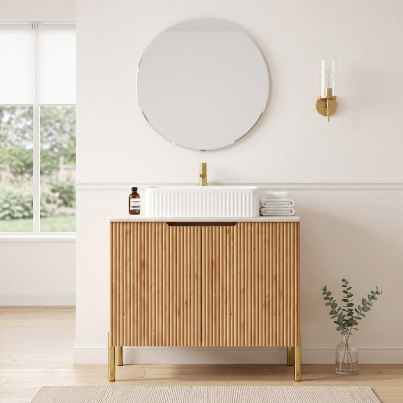 Meuble-lavabo moderne autoportant 30 po naturel avec lavabo rectangulaire en céramique, comptoir en pierre frittée à motif de travertin Roma, armoire de rangement avec 2 portes (sans robinet)