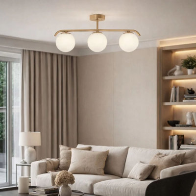 Modern 3-Light Semi Flush Mount Ceiling Light with Opal Glass Globes and Gold Metal Frame, E26 Base