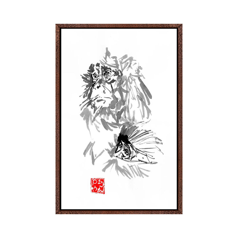 Monkey Family by Péchane - Painting on Canvas, Classic Brown Wood Framed, 101.6 cm H x 66.04 cm W
