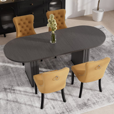 Wooden Farmhouse Dining Table Set, Rectangle Extendable Dining Table with Tufted Velvet Dining Chair for Dining Room