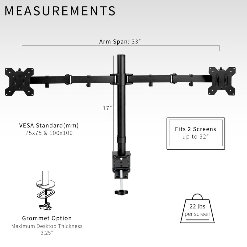 Black Dual Monitor Desk Mount with Adjustable Arms for 32" Screens