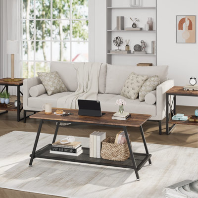 2-Tier Industrial Coffee Table with Storage Shelf Rectangle Side End Table for Small Apartment Living Room