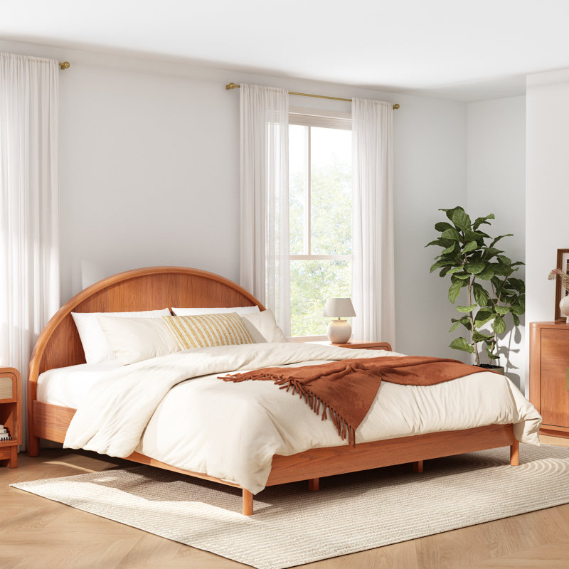Lit plateforme moderne scandinave avec tête de lit courbée, aucun sommier nécessaire, Marron clair, Très grand lit