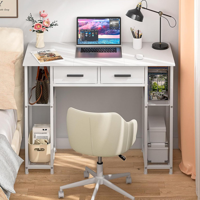 White Computer Desk With Drawers, 37.3 Inch Home Office Work Desk With Storage Shelf