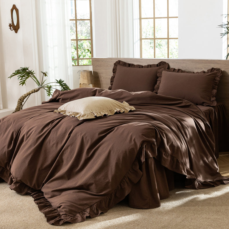 Ensemble de housse de couette à volants 100% coton délavé MooMee, Housse de couette très grand et 2 très grandes t