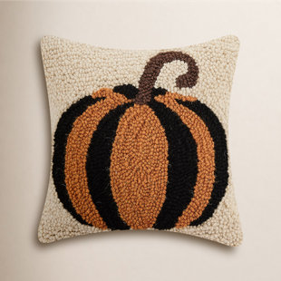 Striped Pumpkin Wool Hook Petite Halloween Pillow - 10" Square