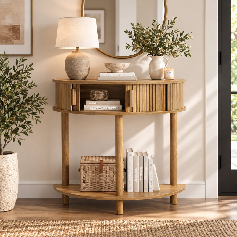 Console en demi-lune de 80 cm de large avec tablette de rangement et pieds en bois massif, table d'entrée moderne
