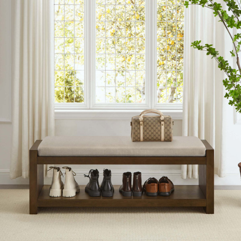 Accent Bench With Lower Shelf Shoe Rack, Padded Seating Bench For Living Room, Modern Compact Bed End Bench With Storage For Bedroom Seating, Removable Cushion