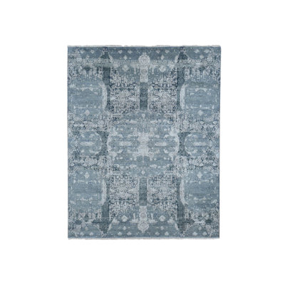 7'10"x10' Cloud Grey Wool and Pure Silk Jewellery Design Hand Knotted Rug B37E6D612A8D41909E277C75AE8F8E9B