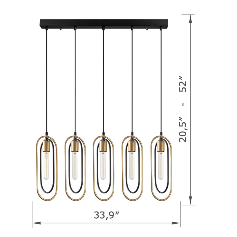 Luminaire lustre moderne, noir et doré, hauteur réglable, 86 x 3,1 pouces | Corps en métal, 132 pouces de hauteur | 5 x douilles E27 (40 W maximum) | Parfait pour les décorations glamour et scandinaves