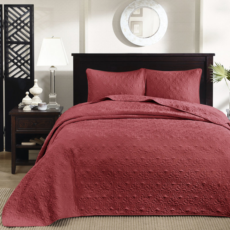 Couvre-lit réversible de couleur rouge pour très grand lit - Conception confortable en coton prélavé avec 2 taies décoratives pour une chambre à coucher