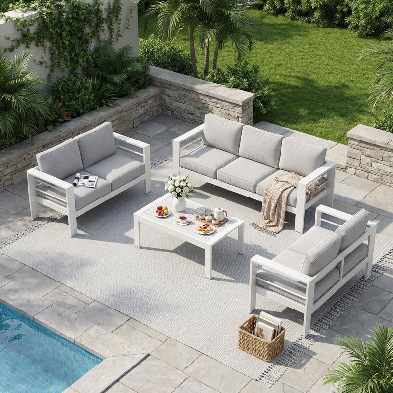 Ensemble de conversation de patio en aluminium 4 pièces avec coussins Brandtley, Structure blanche / coussin gris clair