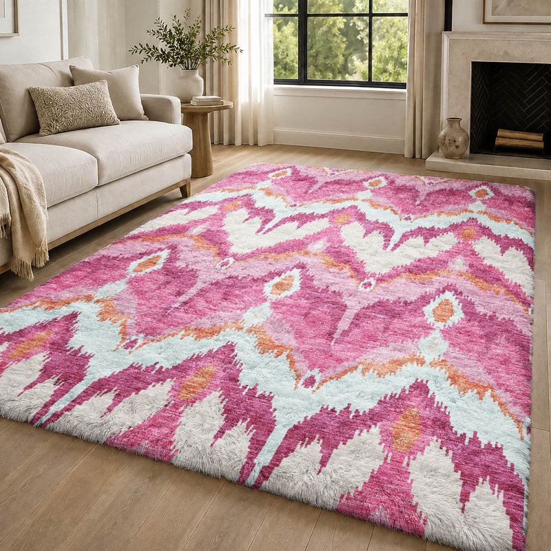 Tapis Dream Shag ADS743 Ikat lavable à la machine de qualité supérieure, Rose, 3' x 5'