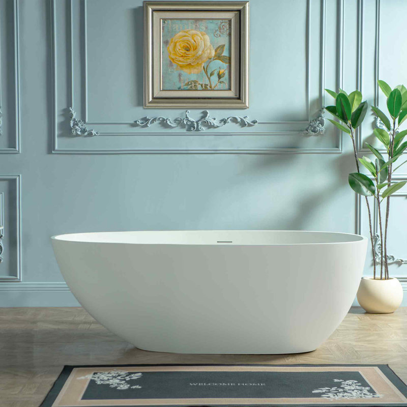 WOODBRIDGE 59" Egg-Shaped Solid Surface Freestanding Soaking Tub, Modern Oval Stone Resin Bathtub with Integrated Slotted Overflow & Drain, Matte White