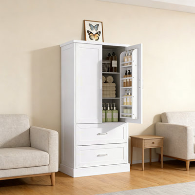 Grande armoire de rangement pour salle de bain, armoire avec deux portes et tiroirs, tablette réglable, panneau de fibres à densité moyenne