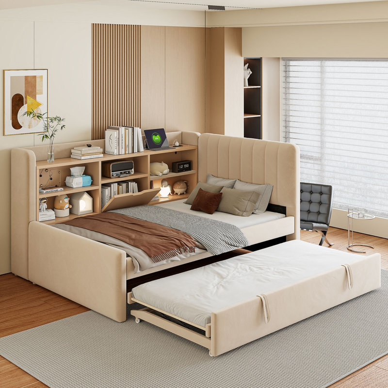 Lit de jour simple chic avec couchette, stations de rangement et de recharge Beige Chic, Beige