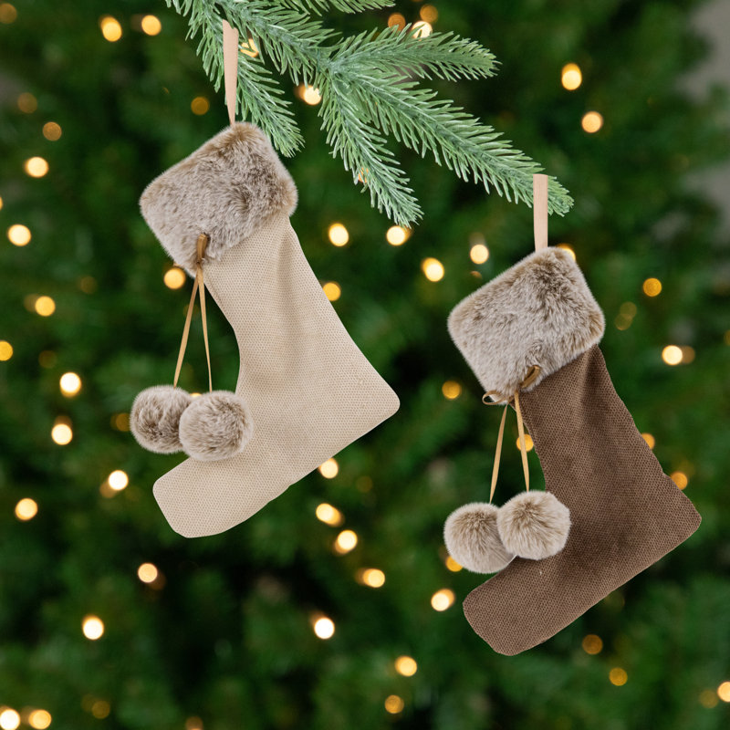 Beige and Brown Faux Fur Stocking Ornaments Set of 2