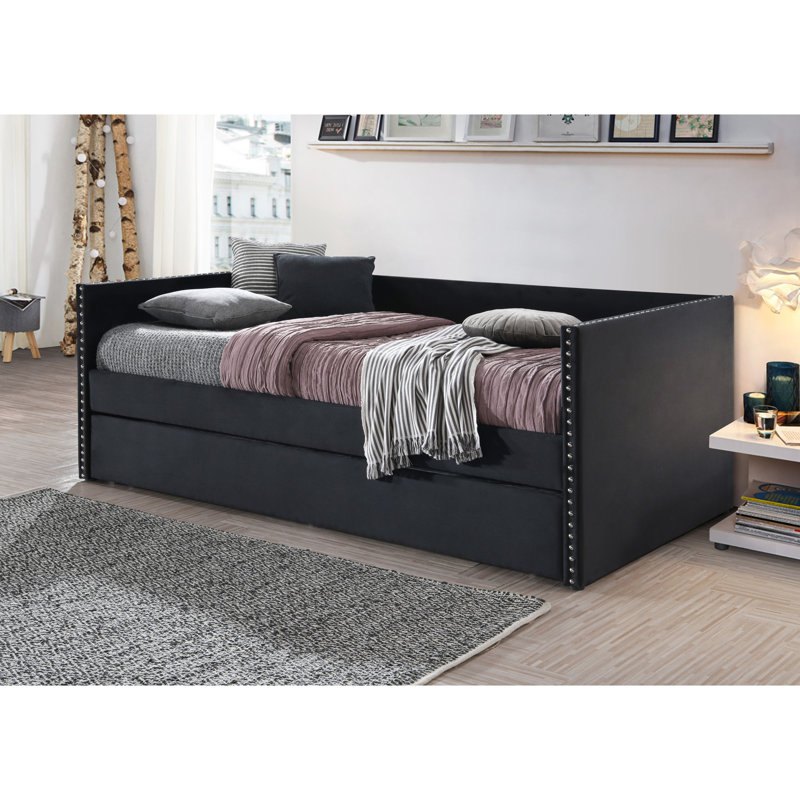 Lit de jour contemporain avec garniture cloutée et lit gigogne escamotable noir pour la chambre à coucher avec ténacité