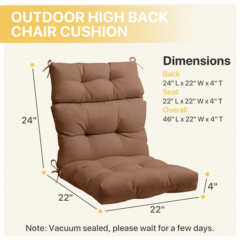 2 Piece 4" Thick High Back Chair Cushion Indoor and Outdoor Seat / Back Cushions with Straps, Mocha