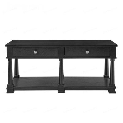 Wooden Coffee Table with 2 Storage Drawers & Lower Open Shelf, Rectangular Cocktail Table with Solid Wood Legs for Living Room